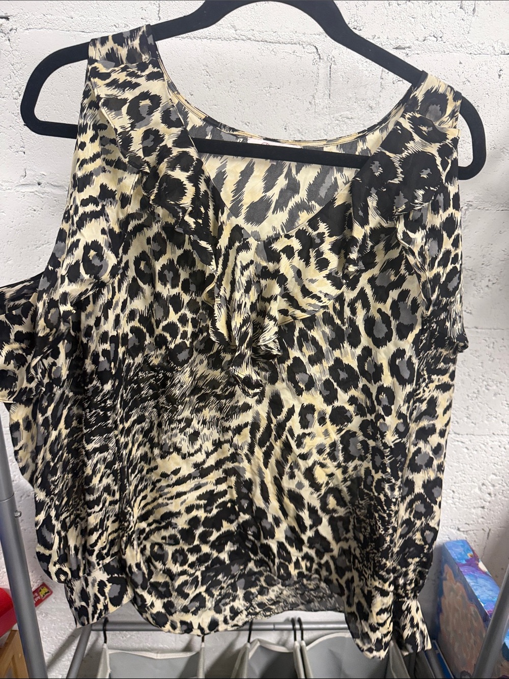 Leopard Print Ruffle Women's Top - Black & Cream PARKER Size Large
